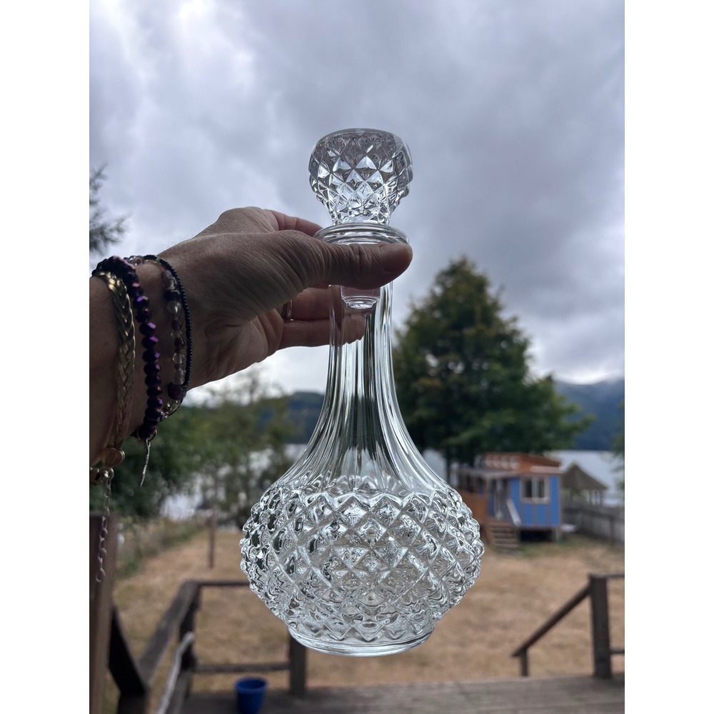 MCM style Glass decanter clear diamond cut vintage barware with stopper 9" tall